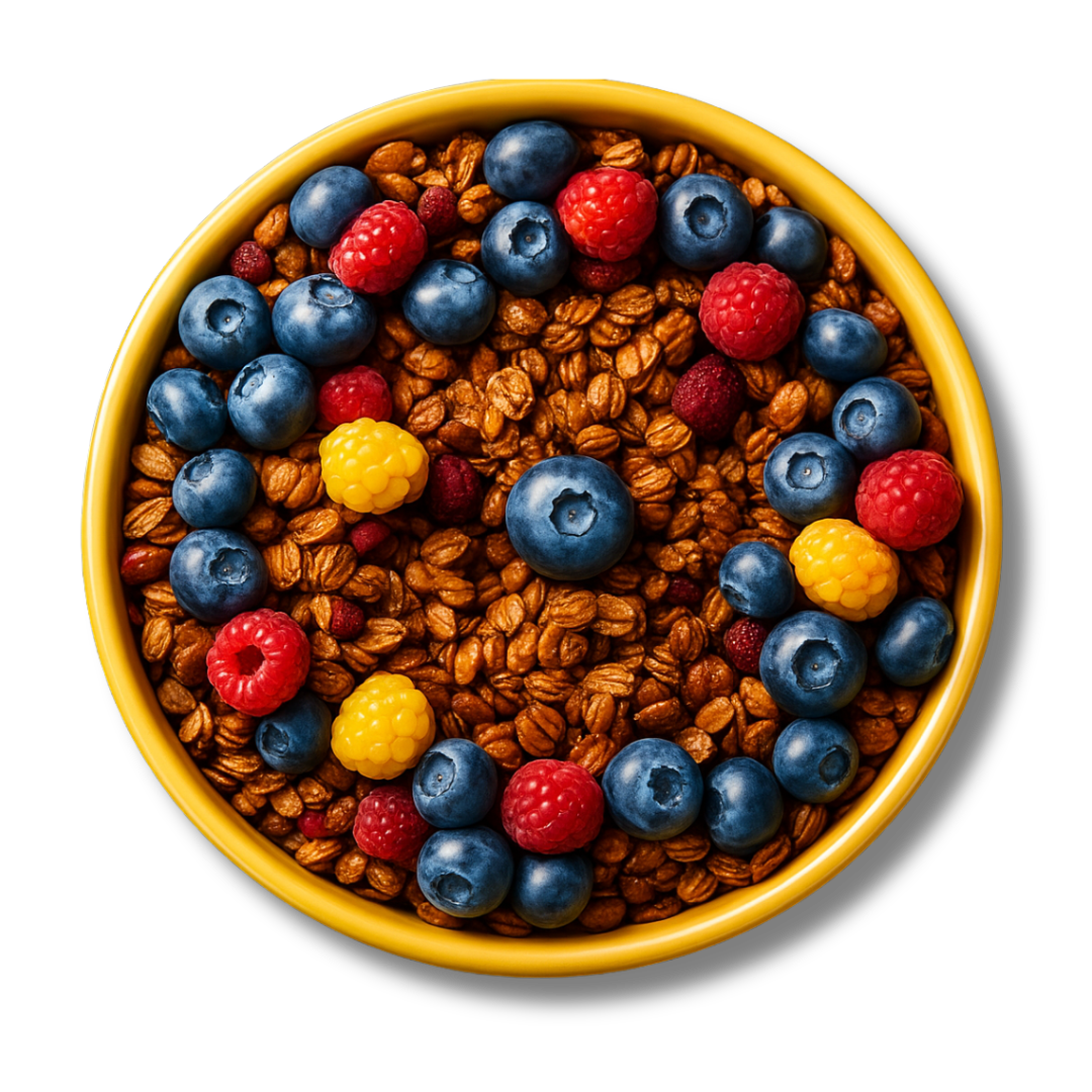 Growfitz Chocolate High Protein Oats topped with fresh blueberries, raspberries, and yellow raspberries in a yellow bowl